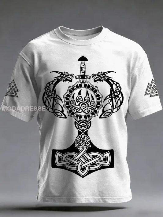 Mäns viking tryckt Vintage Fashion Loose kort ärm T-shirt vitt / S