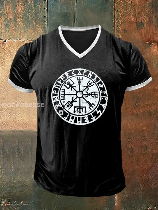 Mäns viking tryckt Vintage Mode kort ärm V-hals T-shirt S