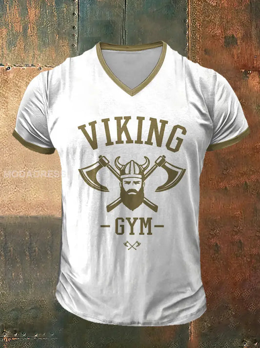 Mäns viking tryckt Vintage Mode kort ärm V-hals T-shirt S