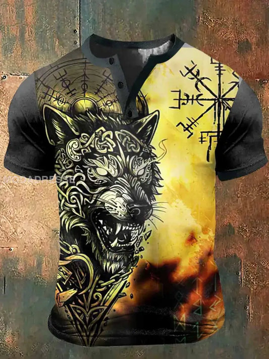 Mäns Viking varg utskrift konst kort ärm hensley hals T-shirt S