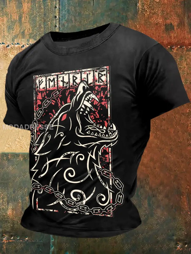 Mäns viking varg utskrift Vintage Mode kort ärm T-shirt S