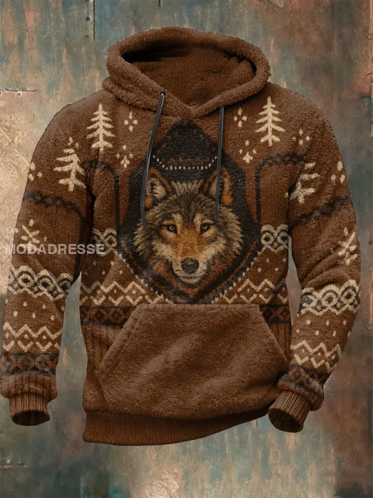 Mäns Viking Wolf Plush Hoodie. brun / S