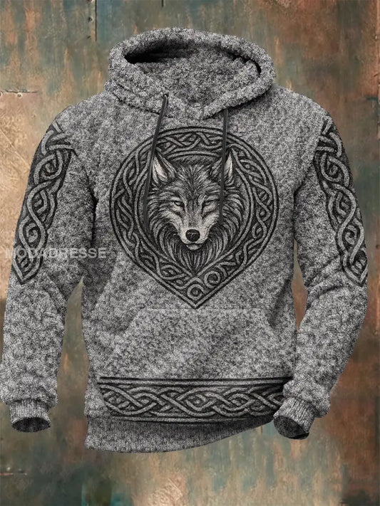 Mäns Viking Wolf Plush Hoodie. grå / S
