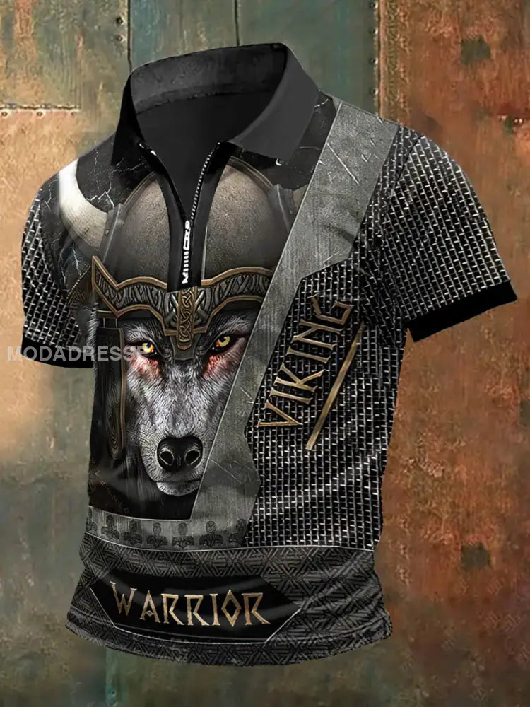 Mäns Viking Wolf Print Zip-Up Polo hals kort ärm T-shirt S