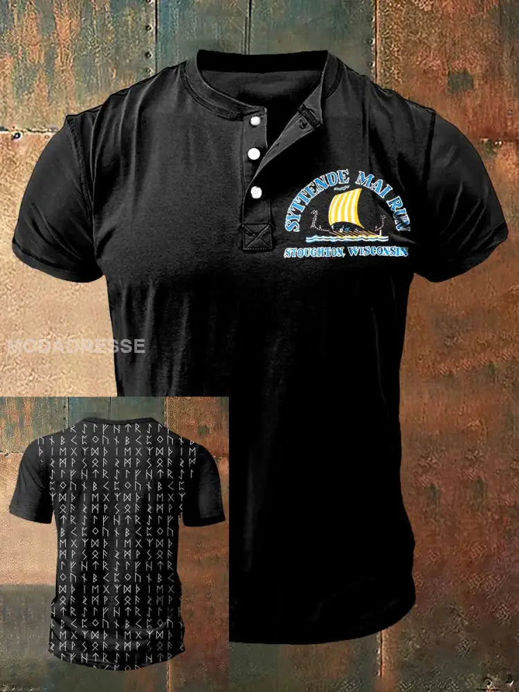 Mäns vikinga skepp Skriv ut konst kort ärm Henley hals T-shirt S