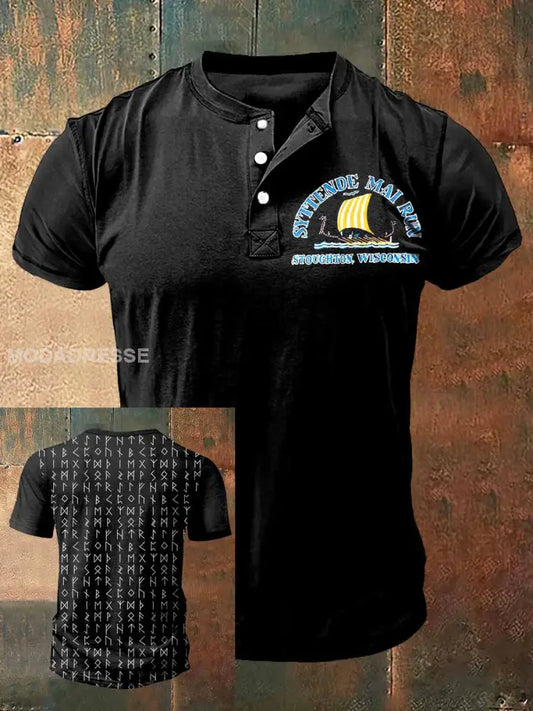 Mäns vikinga skepp Skriv ut konst kort ärm Henley hals T-shirt S