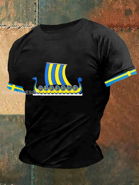 Mäns vikinga skepp tryckt Vintage Mode kort ärm V-hals T-shirt S