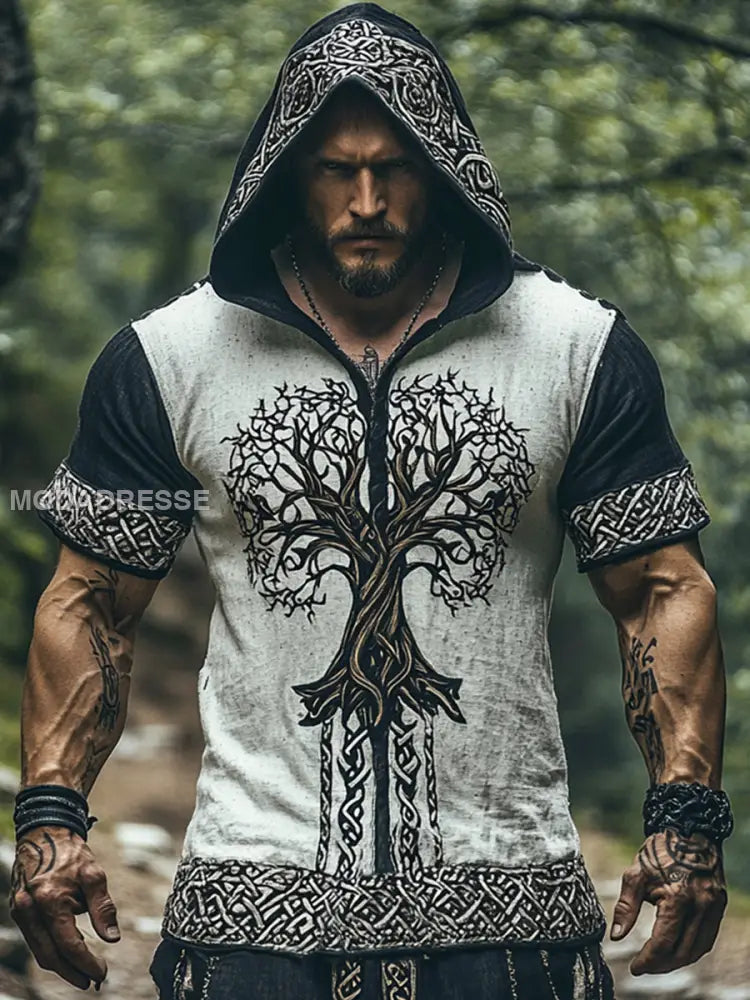 Mäns vikinga stil huvad kort ärm T-shirt bäie / S