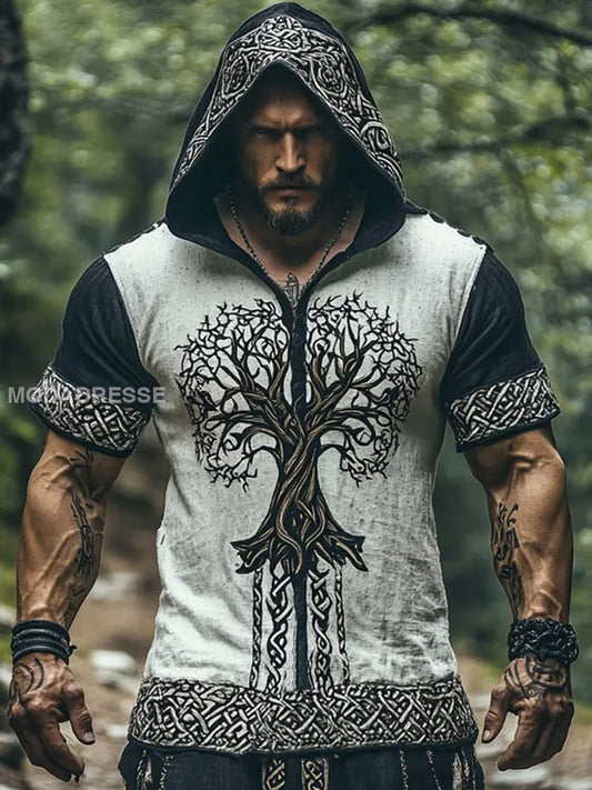 Mäns vikinga stil huvad kort ärm T-shirt bäie / S