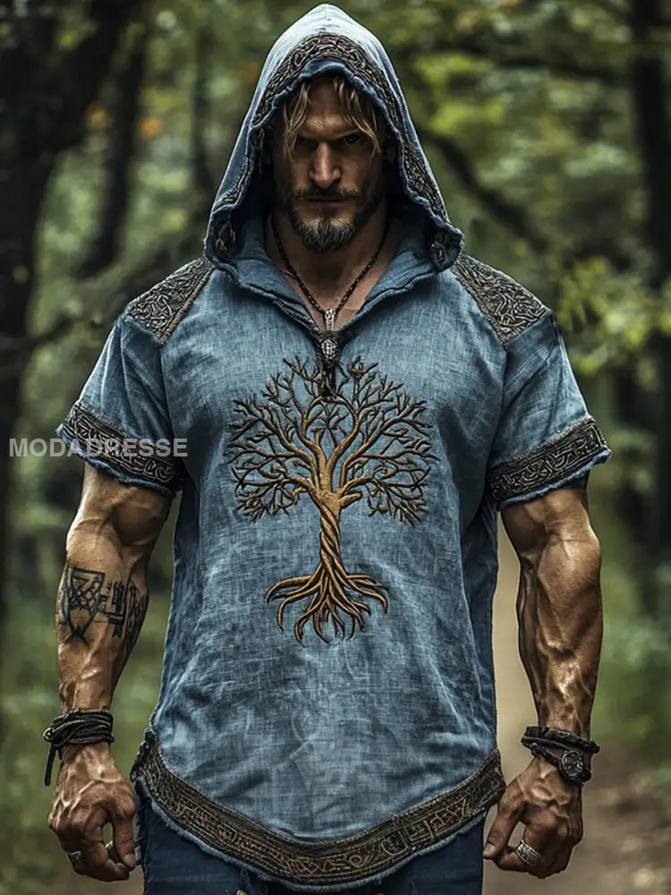 Mäns vikinga stil huvad kort ärm T-shirt blå / S