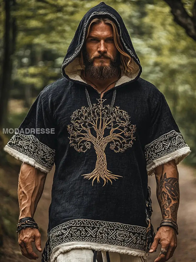 Mäns vikinga stil huvad kort ärm T-shirt svart / S