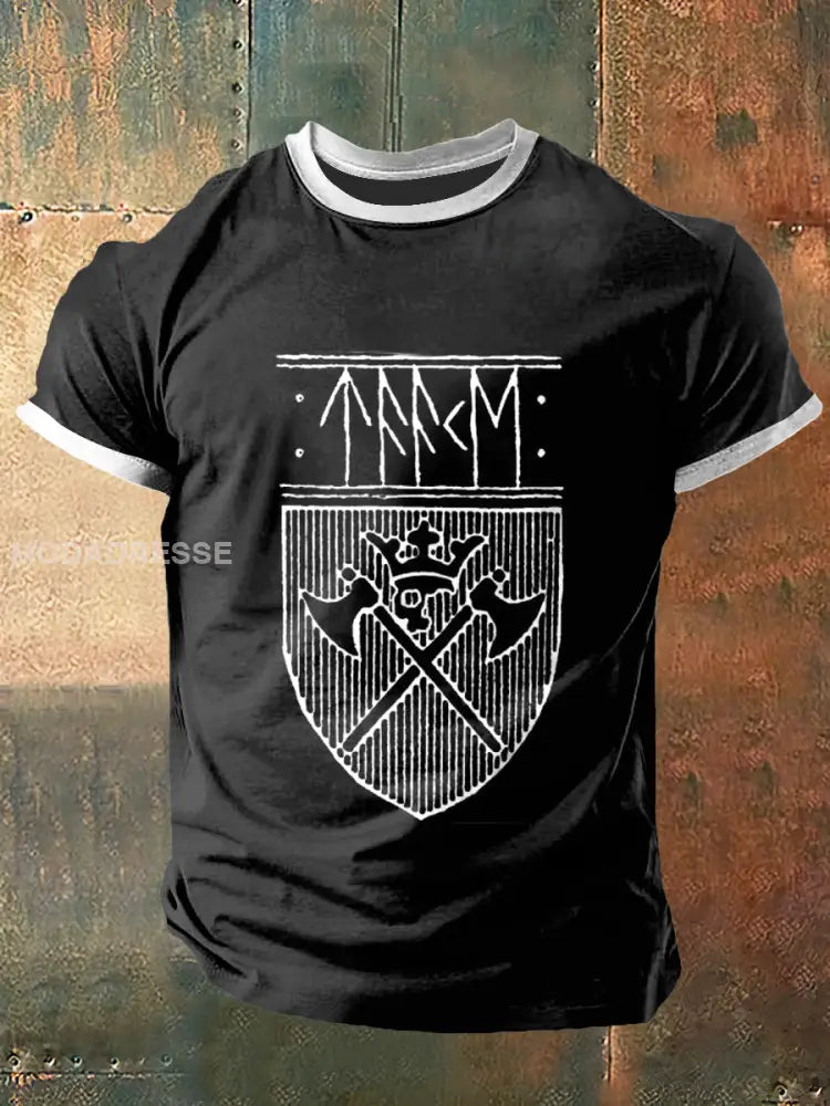 Mäns vikinga stridsyxa Print Vintage Mode kort ärm T-shirt svart / S