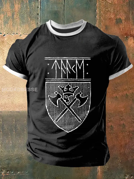 Mäns vikinga stridsyxa Print Vintage Mode kort ärm T-shirt svart / S