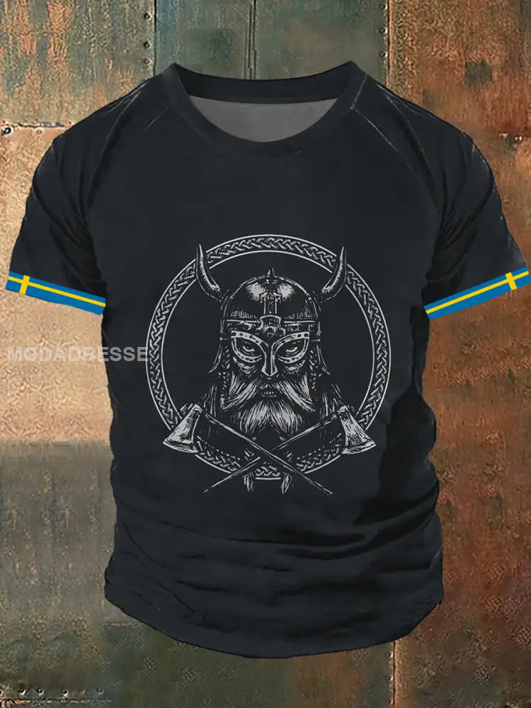 Mäns vikinga stridsyxa Print Vintage Mode Plunger Kort ärm T-shirt S