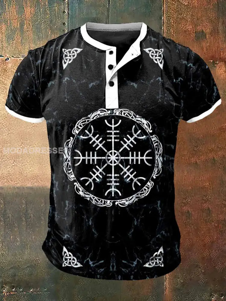 Mäns vikinga tryck konst kort ärm hensley hals T-shirt S