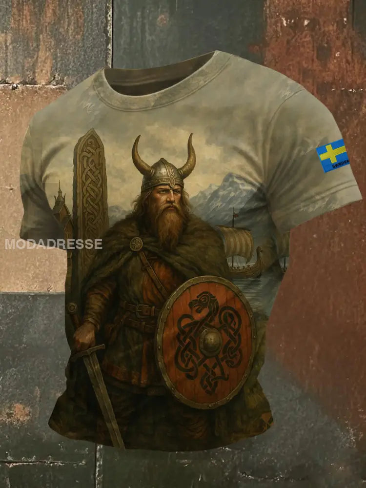 Mäns vikingtema tryckt Casual T-shirt som bild / S