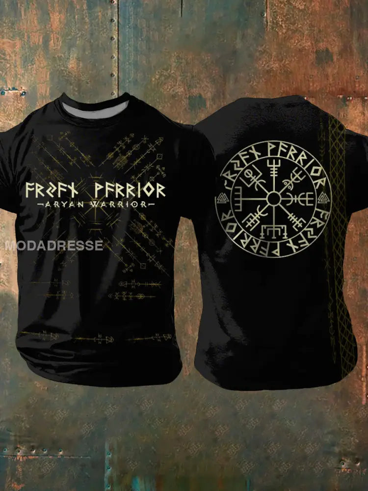Mäns vikingtryckt kort ärm T-shirt svart / S