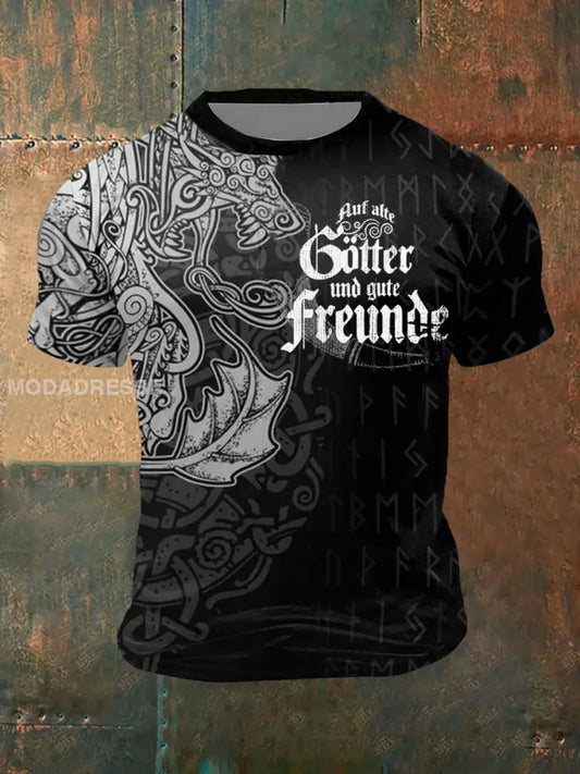 Mäns vikingtryckt kort ärm T-shirt svart / S