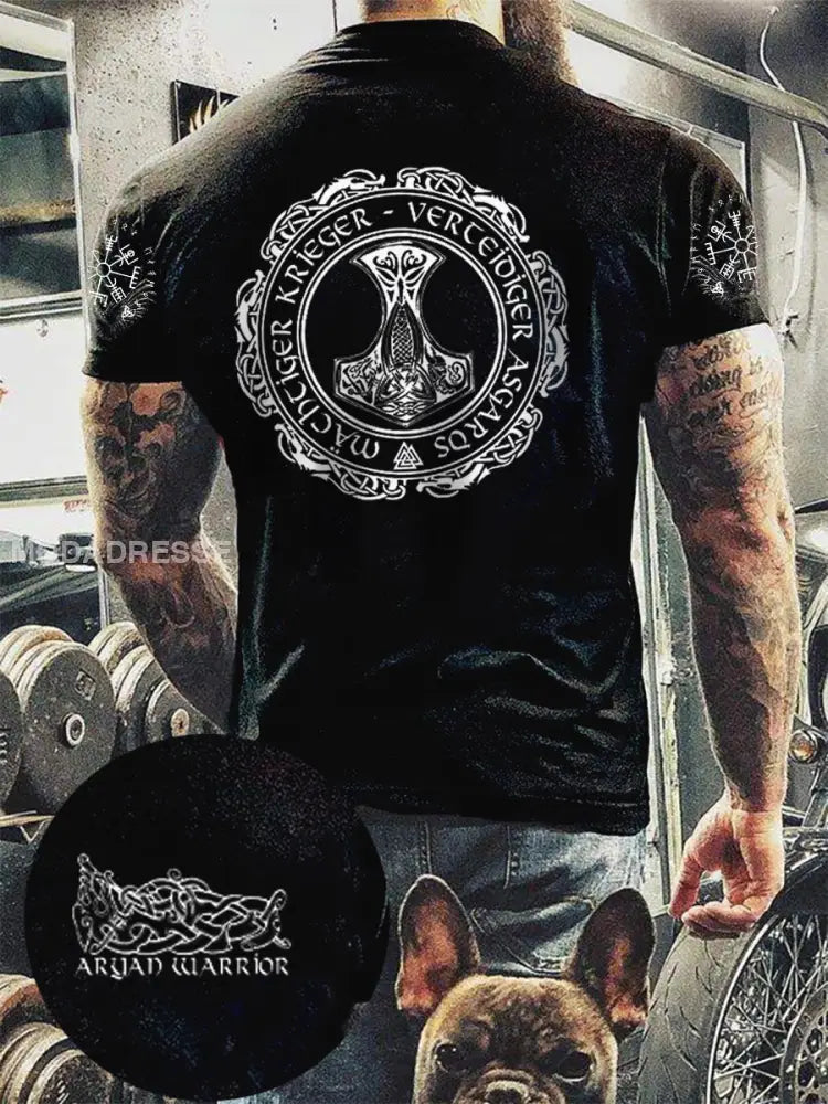 Mäns vikingtryckt kort ärm T-shirt svart / S