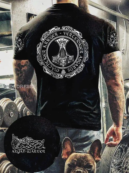 Mäns vikingtryckt kort ärm T-shirt svart / S