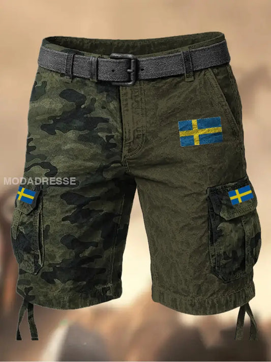 Mäns Vintage Camo Sverige Flag Grafiskt tryckt textur dragsnöre Pocket Casual Cargo Shorts A / M