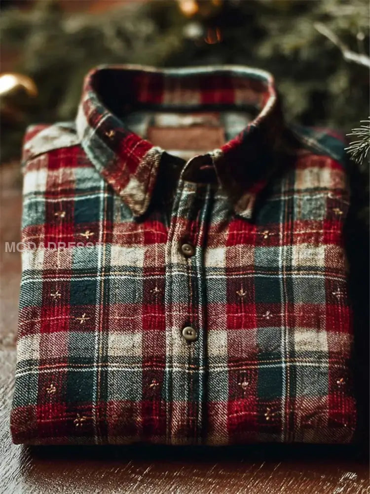 Mäns Vintage Christmas Plaid grafisk bekväm skjorta som bild / S