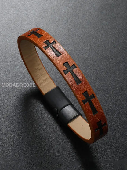 Mäns Vintage Cross legering läder armband jakint / JM