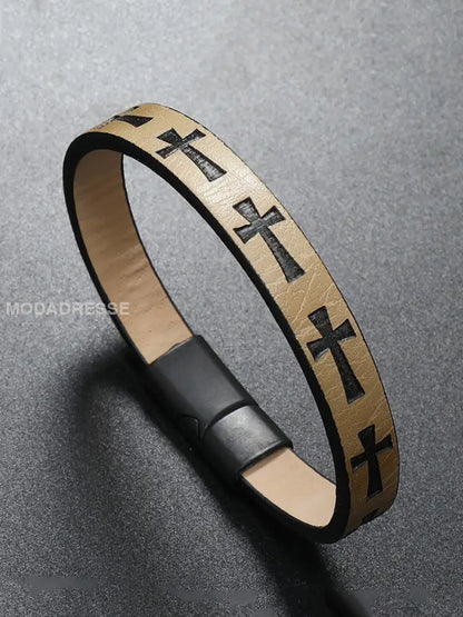 Mäns Vintage Cross legering läder armband Khaki / JM