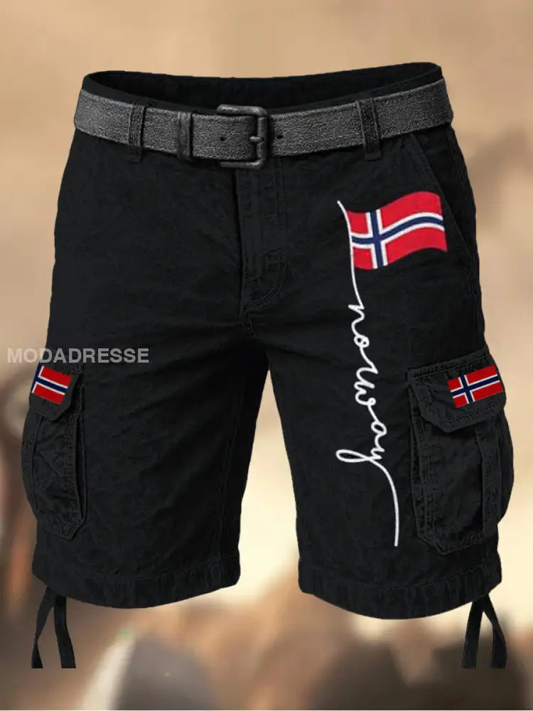 Mäns Vintage Flagge Norένs Grafiskt tryckt textur dragsträng Pocket Casual Cargo Shorts A / M