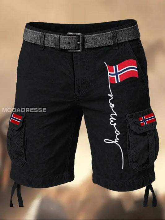 Mäns Vintage Flagge Norένs Grafiskt tryckt textur dragsträng Pocket Casual Cargo Shorts A / M