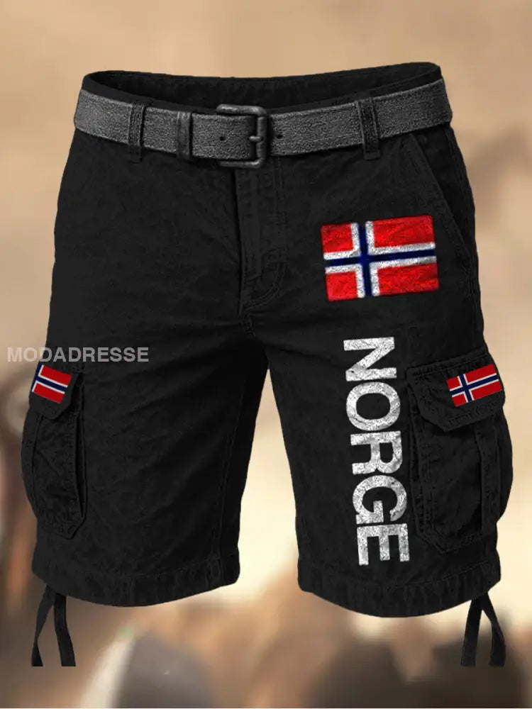 Mäns Vintage Flagge Norένs Grafiskt tryckt textur dragsträng Pocket Casual Cargo Shorts A / M