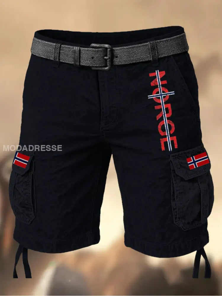 Mäns Vintage Flagge Norένs Grafiskt tryckt textur dragsträng Pocket Casual Cargo Shorts A / M