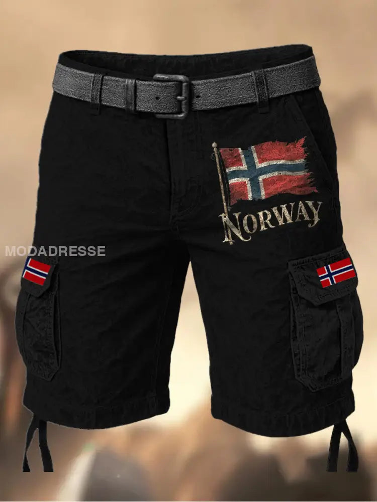 Mäns Vintage Flagge Norένs Grafiskt tryckt textur dragsträng Pocket Casual Cargo Shorts A / M