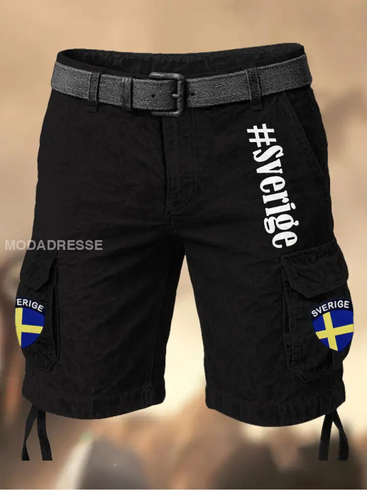 Mäns Vintage Flagge Schwedens grafiska tryckt textur dragsnöre pocket Casual Cargo Shorts A / M