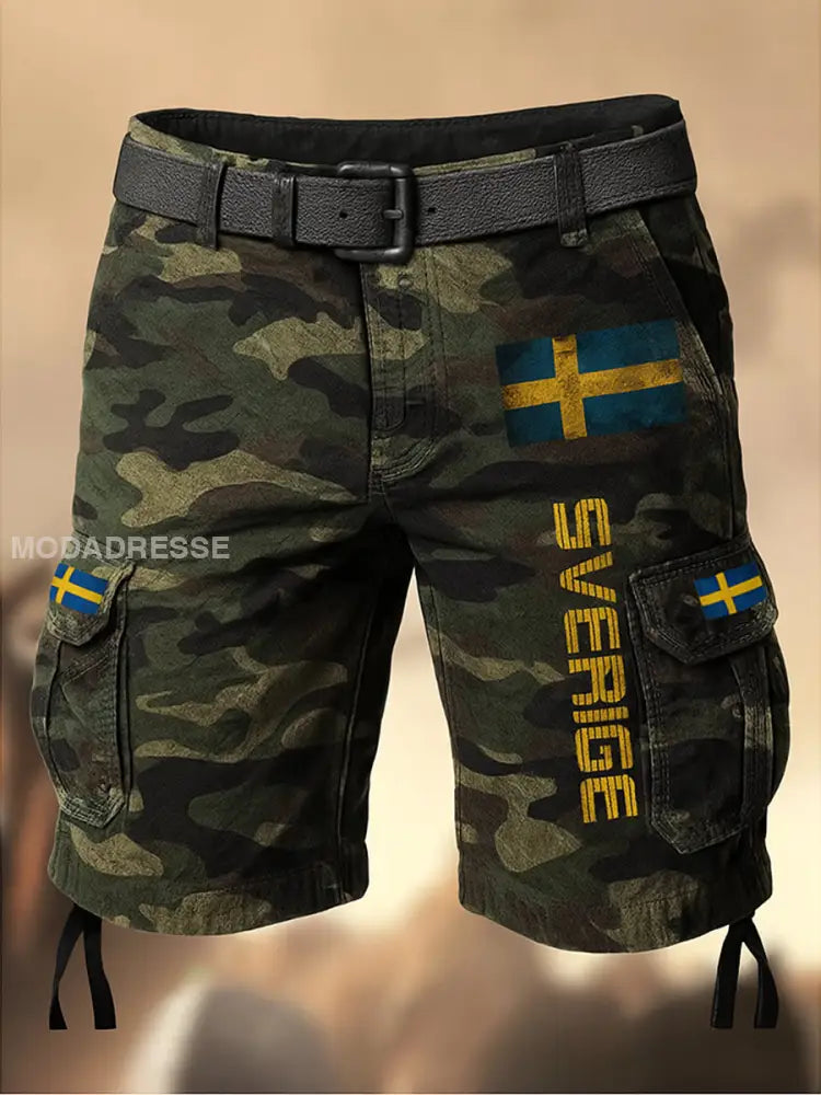 Mäns Vintage Flagge Schwedens tryckt textur dragsnöre pocket Casual Cargo Shorts A / M