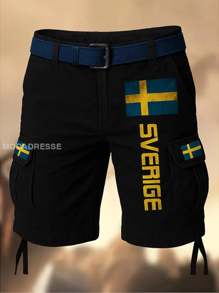 Mäns Vintage Flagge Schwedens tryckt textur dragsnöre pocket Casual Cargo Shorts A / M