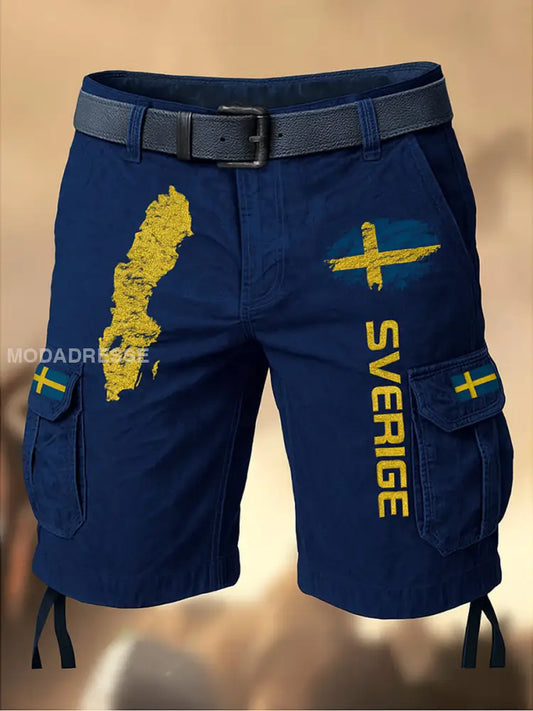 Mäns Vintage Flagge Schwedens tryckt textur dragsnöre pocket Casual Cargo Shorts A / M