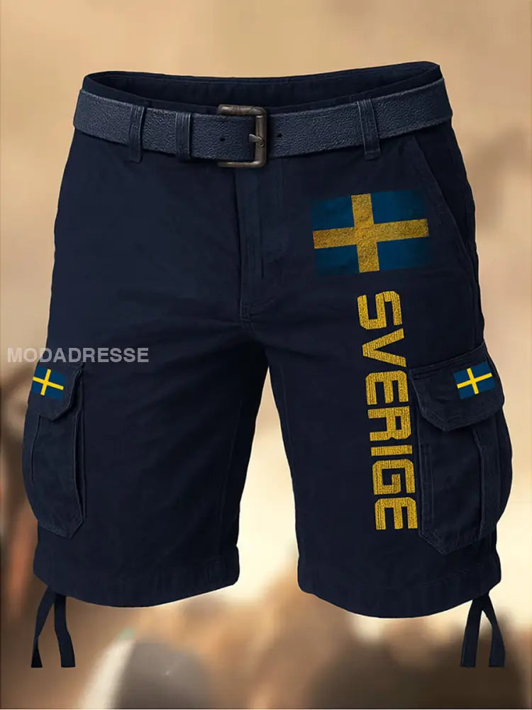 Mäns Vintage Flagge Schwedens tryckt textur dragsnöre pocket Casual Cargo Shorts A / M