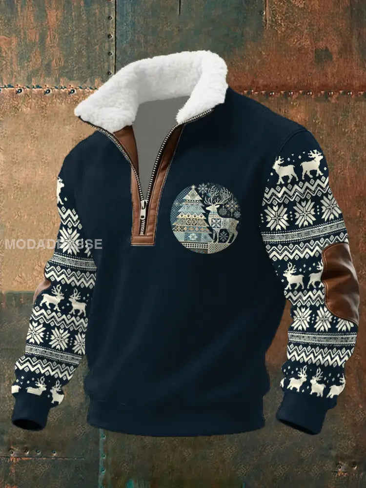 Mäns Vintage Jul Nordic Konst Tryckt sweathirt blå sjöfart / S