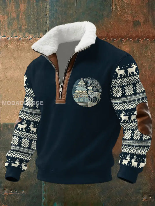 Mäns Vintage Jul Nordic Konst Tryckt sweathirt blå sjöfart / S