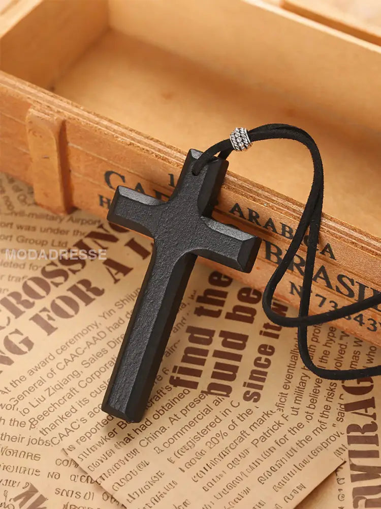 Mäns Vintage Kors trä halsbandet svart / JM