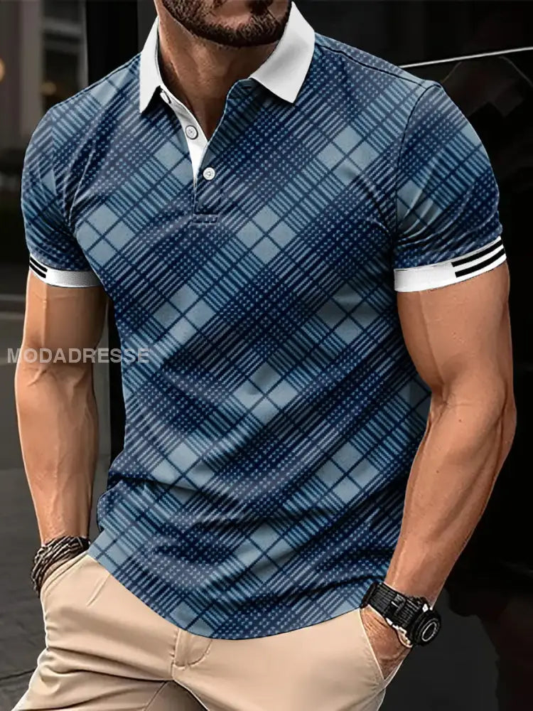 Mäns Vintage Plaid Art Print Casual Polo tröj flerlog / S