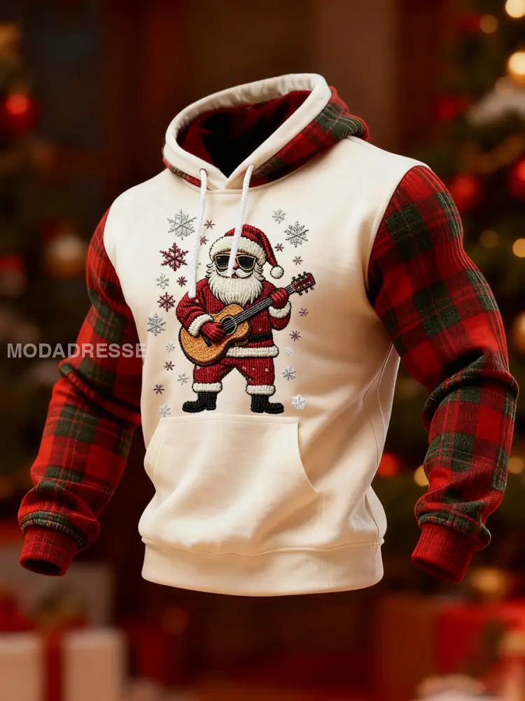 Mäns Vintage Santa Claus spela gitarr jul röd platt utskrift Casual Hoodie. röd / S