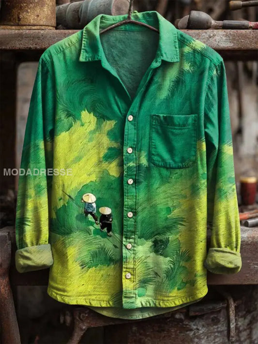 Mäns Vintage Skog och gräsland Print Lång ärm skjorta som bild / S