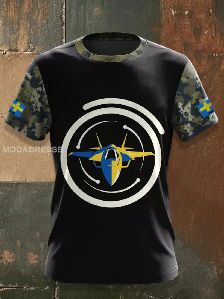 Mäns Vintage Svensk Militar Krigare Tryck Casual T-shirt som bild / S