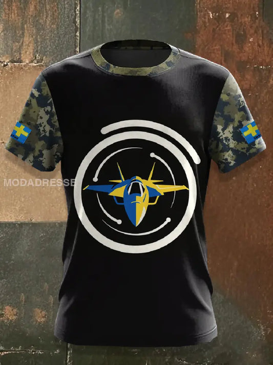 Mäns Vintage Svensk Militar Krigare Tryck Casual T-shirt som bild / S