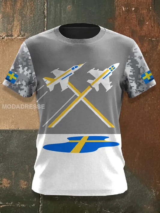 Mäns Vintage Svensk Militar Krigare Tryck Casual T-shirt som bild / S