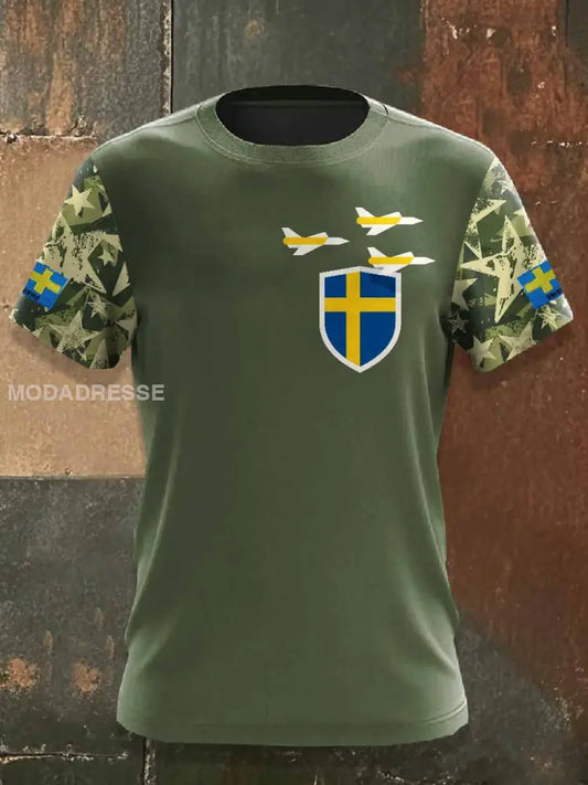 Mäns Vintage Svensk Militar Krigare Tryck Casual T-shirt som bild / S