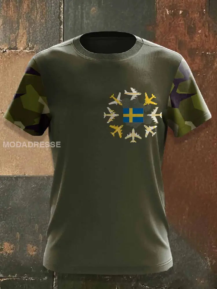 Mäns Vintage Svensk Militar Krigare Tryck Casual T-shirt som bild / S