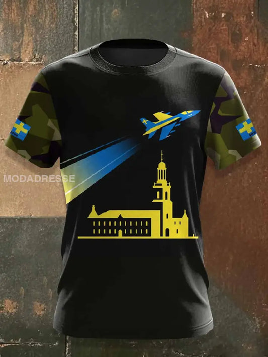 Mäns Vintage Svensk Militar Krigare Tryck Casual T-shirt som bild / S